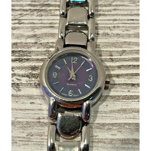 Accutime Analog Fashion Women's  Quartz Watch Silver Tone Navy Face- New Battery